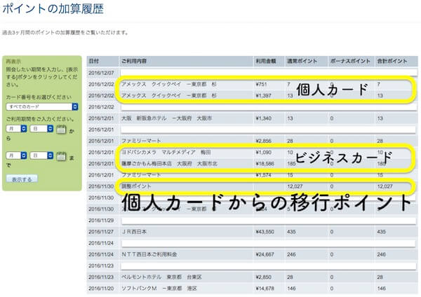 ポイントの加算履歴